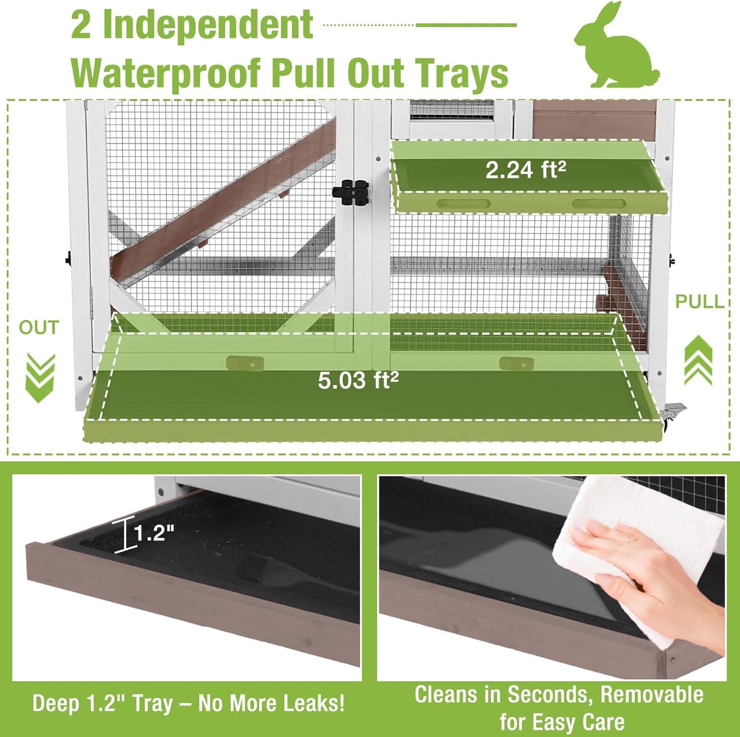 Gutinneen 2-Story Rabbit Hutch with Chew-Proof Ramp & Leak-Proof Trays - Indoor/Outdoor 39.3" Wooden Rabbit Cage with Wheels for Rabbits, Guinea Pigs