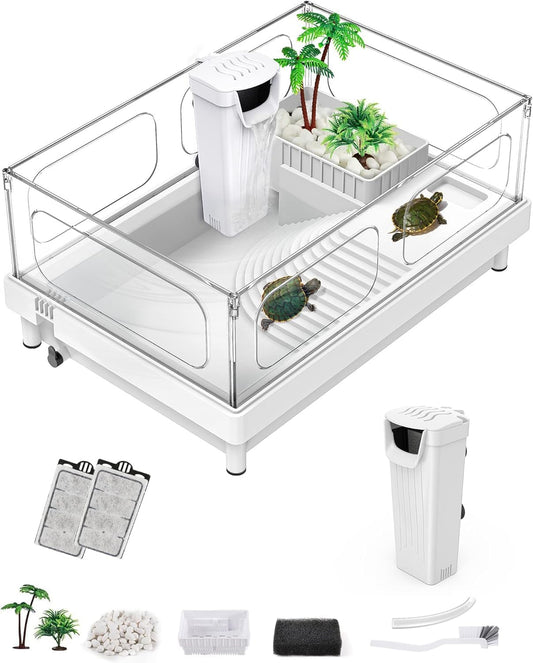 Small Turtle Tank with Filter, Turtle Aquarium, Acrylic Turtle Terrarium with Basking Platform, Bottom Drainage, Multi-Function Areas for Turtles, Crayfish, Small Reptiles (Tank+Filter)