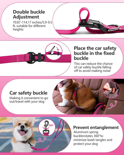 Hands Free Dog Leash & Car Seatbelt, 5.9-9.5ft Crossbody Dog Belt with Dual Soft Handles, Shock-Absorbing, 360° Clip, Reflective Design for Walking, Running, Hiking, Travel. (Rosered)