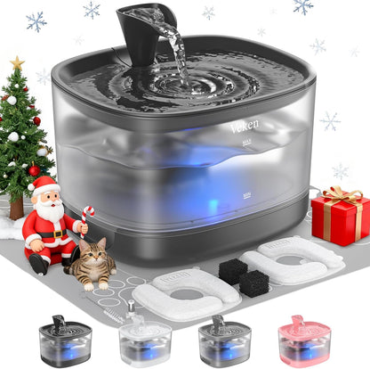 Veken Cat Water Fountain with Detachable Tank, Easy to Clean & Assemble, 84oz/2.5L Pet Drinking Dispenser with Quiet Operation & LED Light, Gifts for Christmas, Cats, Dogs and Small Pets, Black