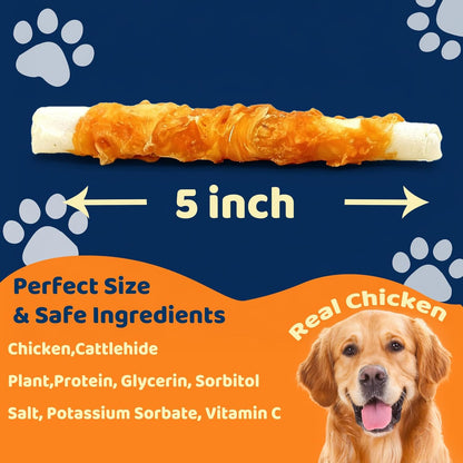 Dog Treats - Chicken Wrapped Rawhide Sticks for Dogs - 5 Inch Natural Dog Chews, High Protein & Low Fat Treats for Small to Large Dogs, Promotes Dental Health - 10.6 oz