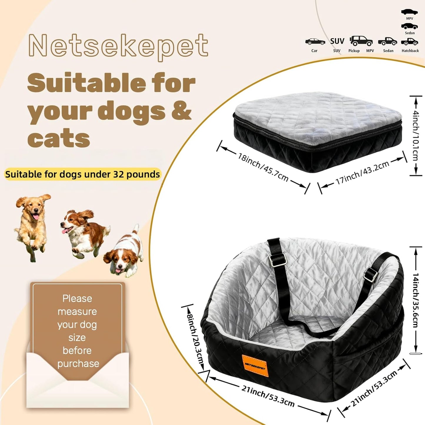 The netsekepet Suitable for Dogs Under 32 pounds, pet car Safety Seats, Detachable and Washable pet Seats, Travel beds with Storage Bags and seat Belts, Color - Black/Gray