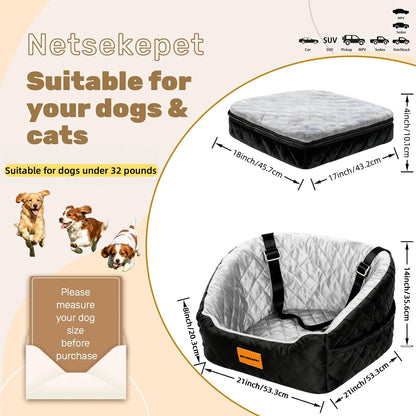 The netsekepet Suitable for Dogs Under 32 pounds, pet car Safety Seats, Detachable and Washable pet Seats, Travel beds with Storage Bags and seat Belts, Color - Black/Gray