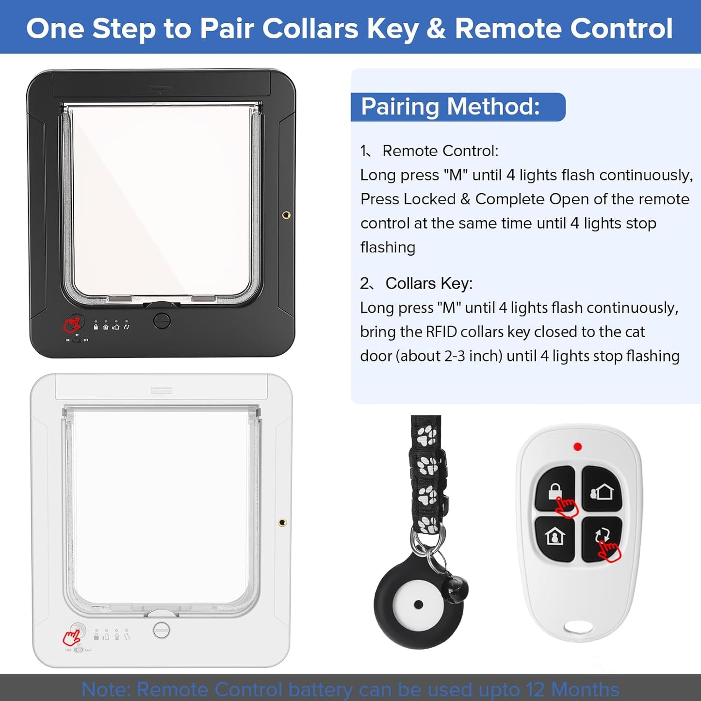 Smart Cat Door for Interior & Exterior, Cat Pet Door with 3 Collar Sensor Keys & 1 Remote Control & 4 Way Locking Cat Flap with RFID Collar Activated Opening Cat Door (White)