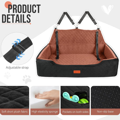 Large Dog Car Seat Under 100 lbs, Washable Dog Car Bed for 2 Medium Dogs, Detachable Pet Booster Seat with Storage Pocket and Seat Belt for Back Seat Dog Travel Bed