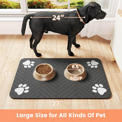Pet Feeding Mat-Absorbent Pet Placemat for Food and Water Bowl, with Waterproof Rubber Backing, Quick Dry Water Dispenser Mat for Dog and Cat (20"x12", Striped Dark Gray)