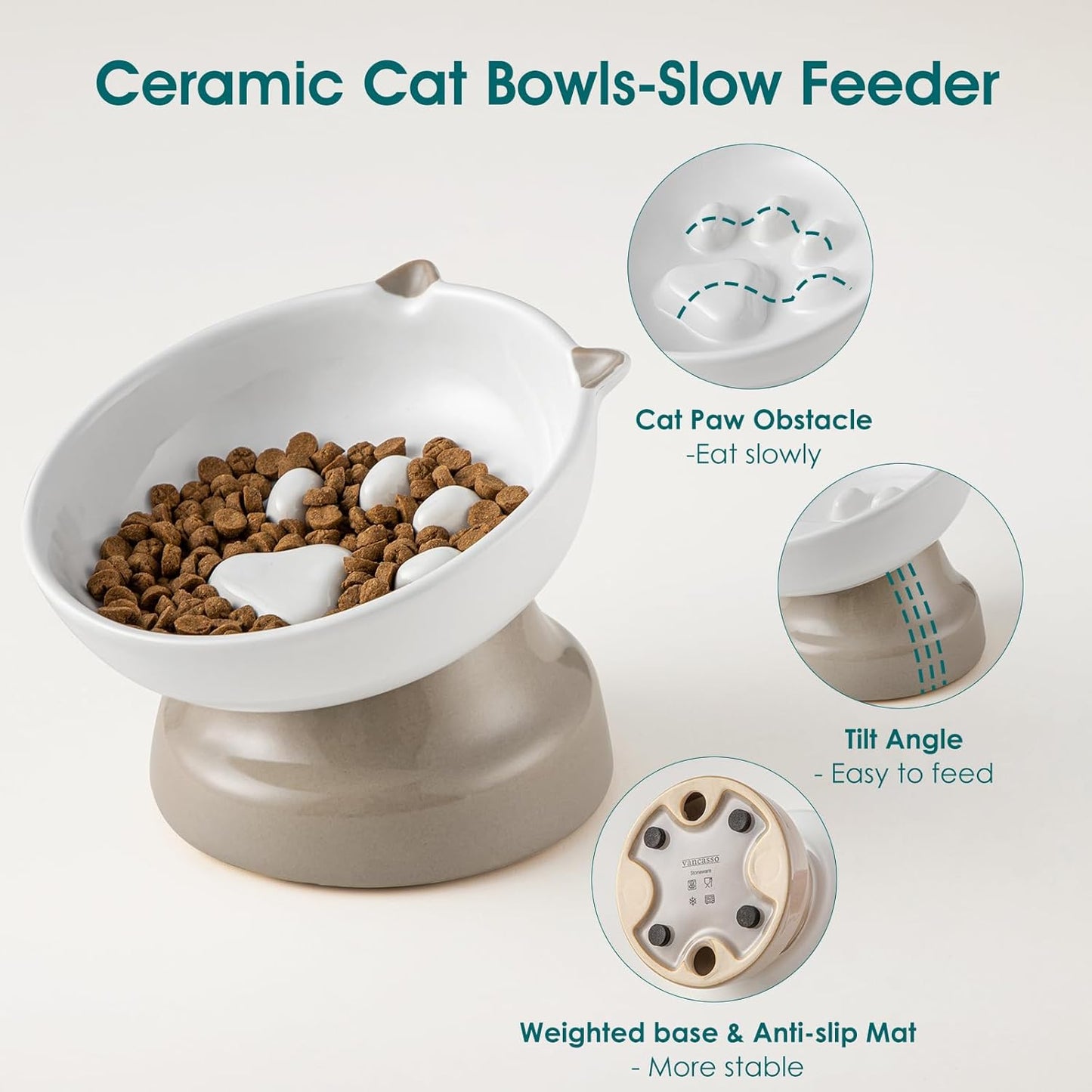 vancasso Ceramic Elevated Slow Feeder Cat Bowls,Slow Feeder Elevated Cat Bowl Wet Food, Raised Cats Bowl for Indoor Cats (Grey)