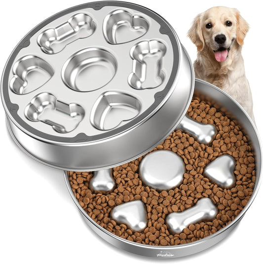 Slow Feeder Dog Bowls, 304 Stainless Steel Slow Feeder Bowl 5 Cups Metal Pet Food Bowl with Non-Slip Base for Medium & Large Breed, Bloat Stop, Dishwasher Safe
