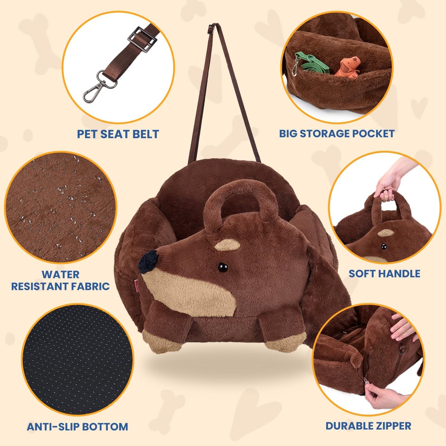 BurgeonNest Small Dog Car Seat, Cute Medium Dog Bed for Car Under 30 lbs, Washable Removable Cat Puppy Travel Booster Carseats with Clip-On Safety Leash, Fluffy Warm Pet Carrier Bag Home Bed, Brown