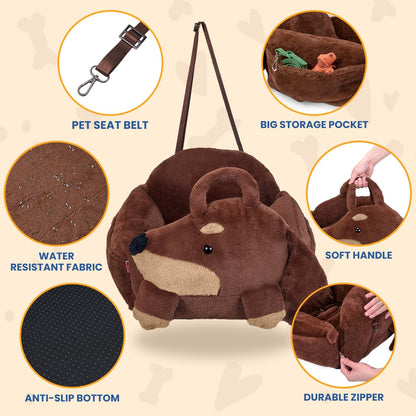 BurgeonNest Small Dog Car Seat, Cute Medium Dog Bed for Car Under 30 lbs, Washable Removable Cat Puppy Travel Booster Carseats with Clip-On Safety Leash, Fluffy Warm Pet Carrier Bag Home Bed, Brown