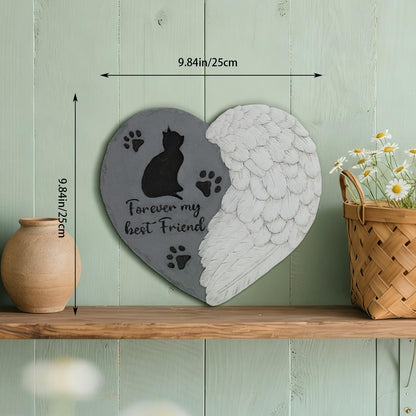 Cat Memorial Stone 10” Heart with Wings Outdoor Pet Grave Marker Cement Garden Remembrance Stone Sympathy Gift for Loss of Cat Angel Paw Design