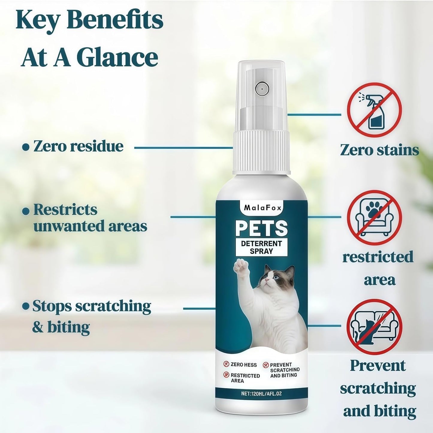 O Cat Deterrent Spray for Indoor & Outdoor Use – Natural No-Alcohol Cat Repellent to Prevent Scratching on Furniture, Sofas, Rugs, Curtains & Plants – Safe Training Spray for Cats & Kittens.