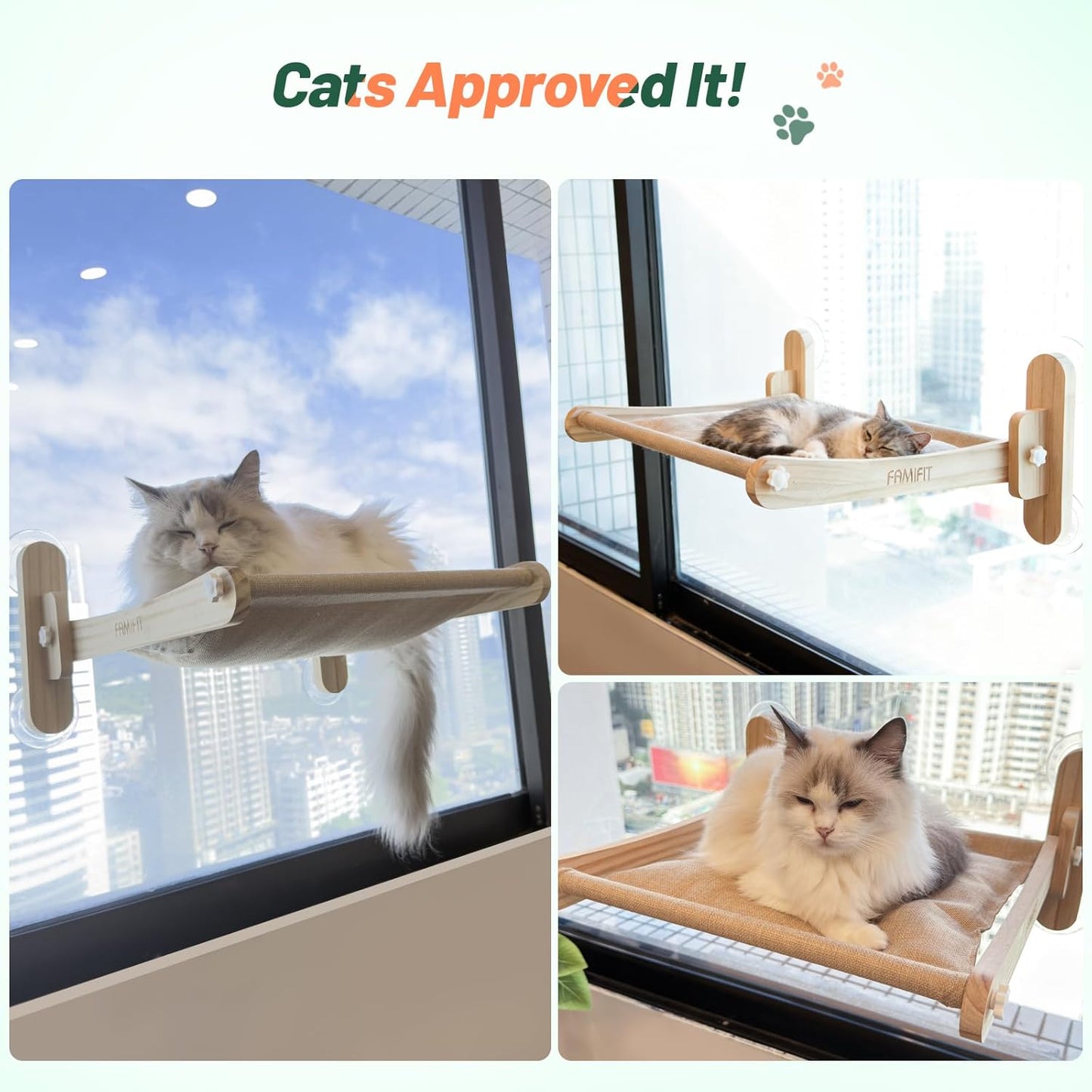 Foldable Cat Window Perch - Natural Pine Cat Sill Seat, 50LBS Heavy Duty Cordless Design, Space-Saving No-Scratch Window Hammock for Indoor Cats