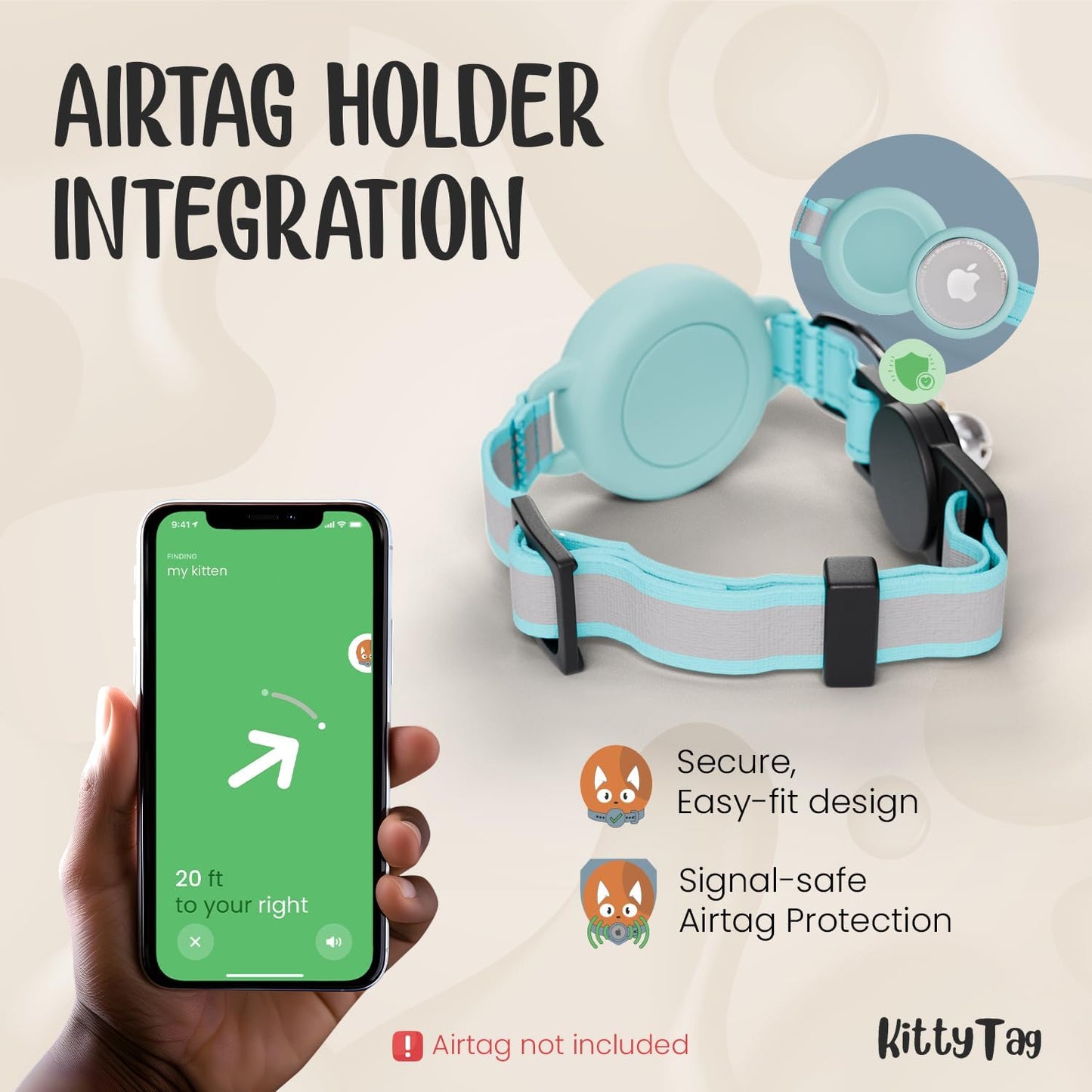 Cat Collar with Airtag Holder, Breakaway Air Tag Collar for Apple airTag, Reflective & Luminous Design, Waterproof GPS Tracker for Cats and Kittens, Includes Bell, Turquoise (9-12")