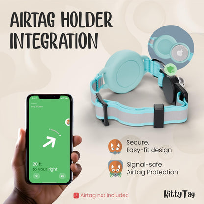 Cat Collar with Airtag Holder, Breakaway Air Tag Collar for Apple airTag, Reflective & Luminous Design, Waterproof GPS Tracker for Cats and Kittens, Includes Bell, Turquoise (9-12")