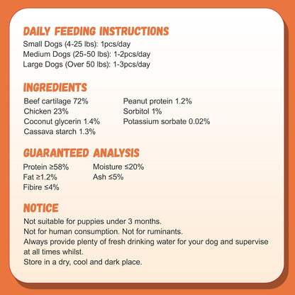 Dog Treats Chicken Wrapped Beef Cartilage w/Calcium Supplement, Rawhide Free Dog Chews Long Lasting, Grain Free Healthy Training Treats Snacks for Small Medium Large Dogs, 12 Counts, 10.6 oz