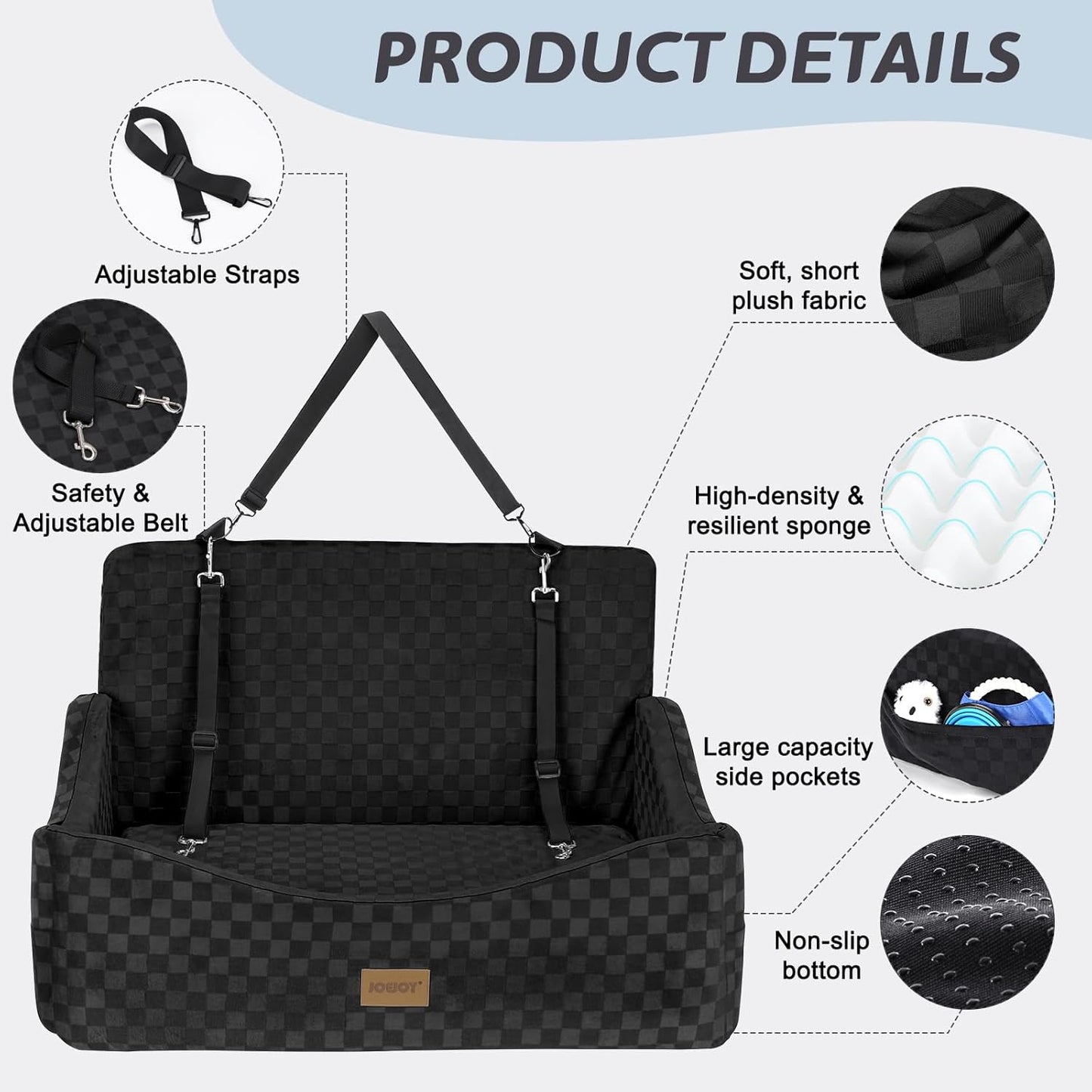 JOEJOY Dog Car Seat for Medium/Large Dogs - Reversible Dual-Sided Travel Dog Car Bed with Memory Foam, Washable Pet Booster Seat for Dogs up to 55 lbs or 2 Small Dogs, 2 Safety Leashes, Black