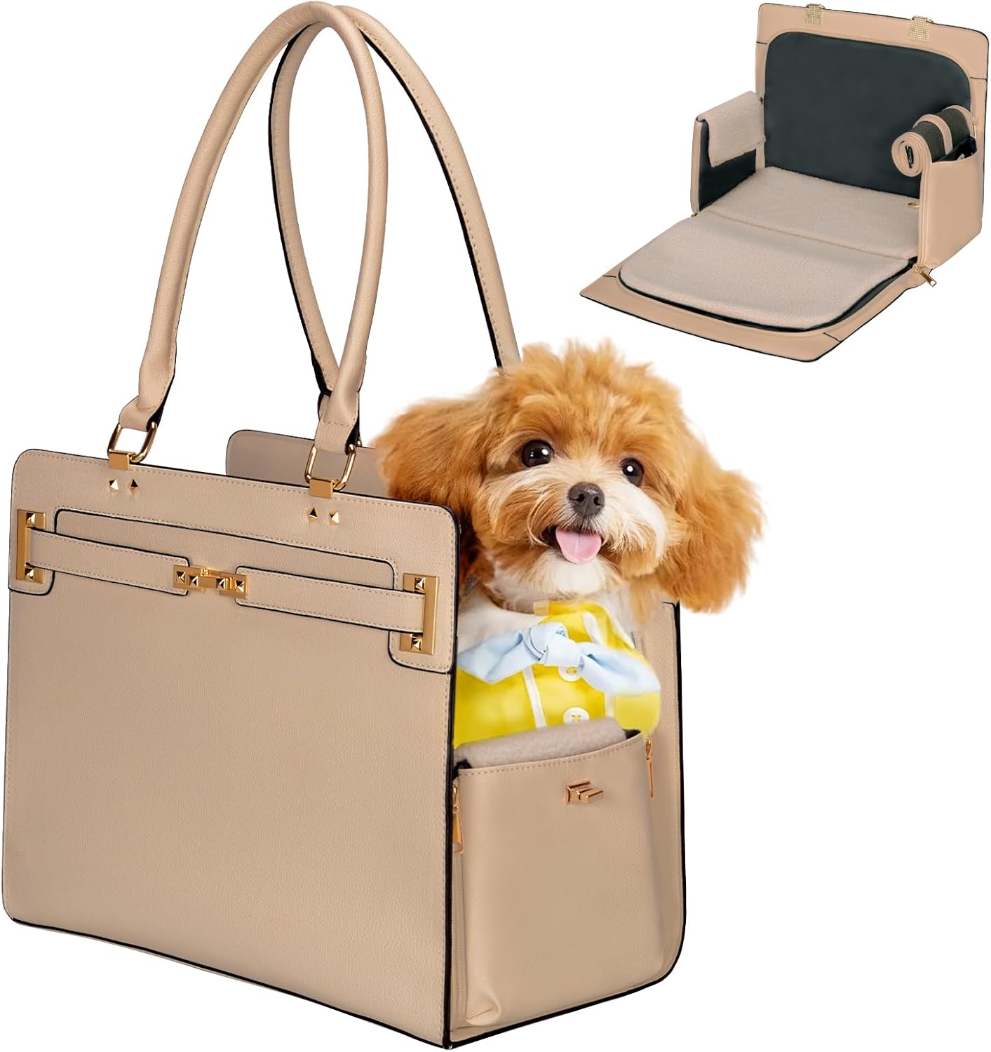 2-in-1 Stylish Dog Purse Carrier Soft-Sided Carriers Travel Tote Bag for Small Dogs Cats, Fashion Foldable Pet Bag for Puppies Small Animals with Pockets (Khaki, 15" L x 7.5" W x 12.2" H)