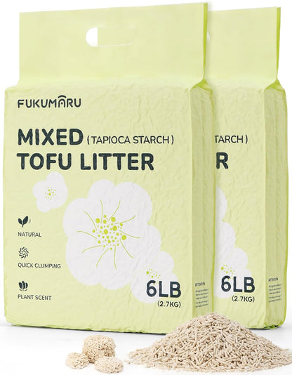 FUKUMARU Tofu Cat Litter, 12lb Fast Clumping & Odor Control, Gardenia Scent, Natural Bean Dregs & Cassava Starch, Dust-Free, Flushable, Low Tracking, Ultra Absorbent, Lightweight, 6lb x 2 Bags