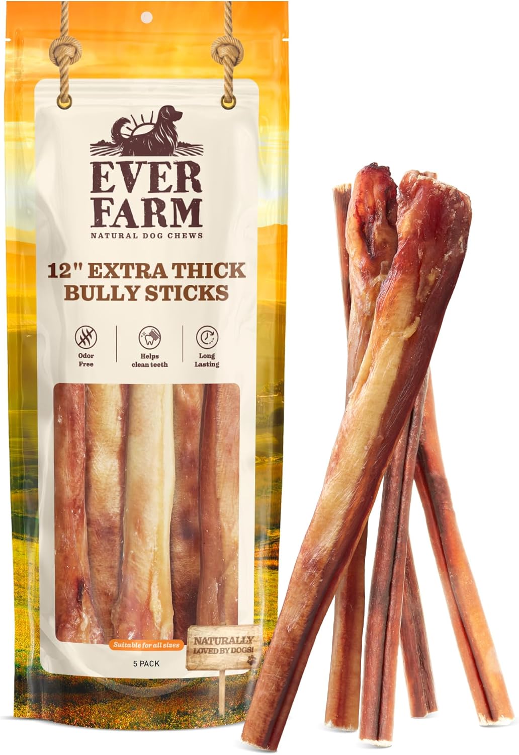 Pet Odor-Free Extra-Thick Jumbo Bully Sticks for Large Dogs (12", 5 Pack) – All-Natural, Long-Lasting Dog Chews Made from 100% Grass-Fed Beef, High-Protein & Grain-Free.