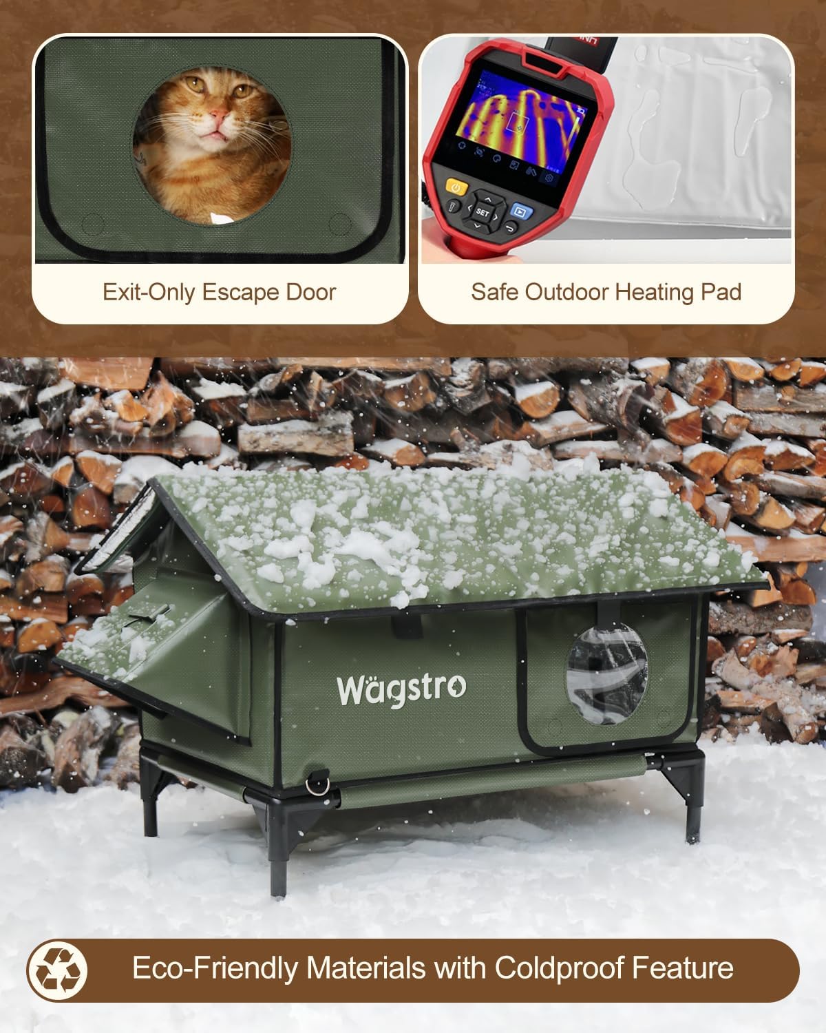 Gable Heated Cat House for Outside Cats in Winter, 100% Waterproof, Escape Door, Elevated, Insulated Outdoor Cat House Shelter with Heater for Feral Cat (Olive Green, 16"x16"x19")