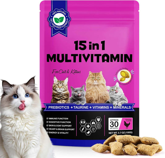 Cat Multivitamin Chews, 15-in-1 Multivitamin Cat Treats for Heart Health, Joint, Skin & Coat, Immune Digestive Support, Supplements & Vitaminsfor Cats, Chicken Flavour (30-Day Supply)