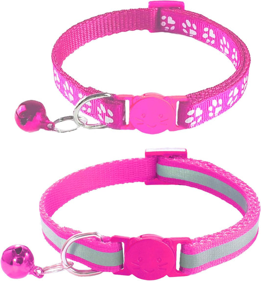 2 Pack Breakaway Cat Collars with Bells, Reflective Design and Claw Print Design, Safety Buckle, Adjustable 7.5-12.5 Inches for Kittens & Cats (Rose)