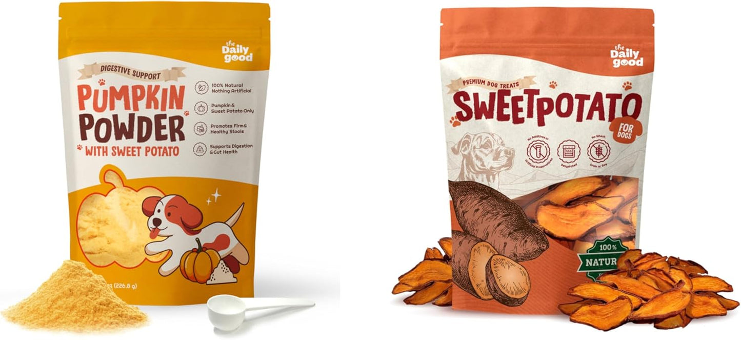 The Daily Goods Pumpkin Powder & Sweet Potato Chips for Dogs – 100% Natural High Fiber Digestive Support & Immune Health Balance Snack & Supplement, Designed for All Breeds – Grain-Free,Hypoallergenic
