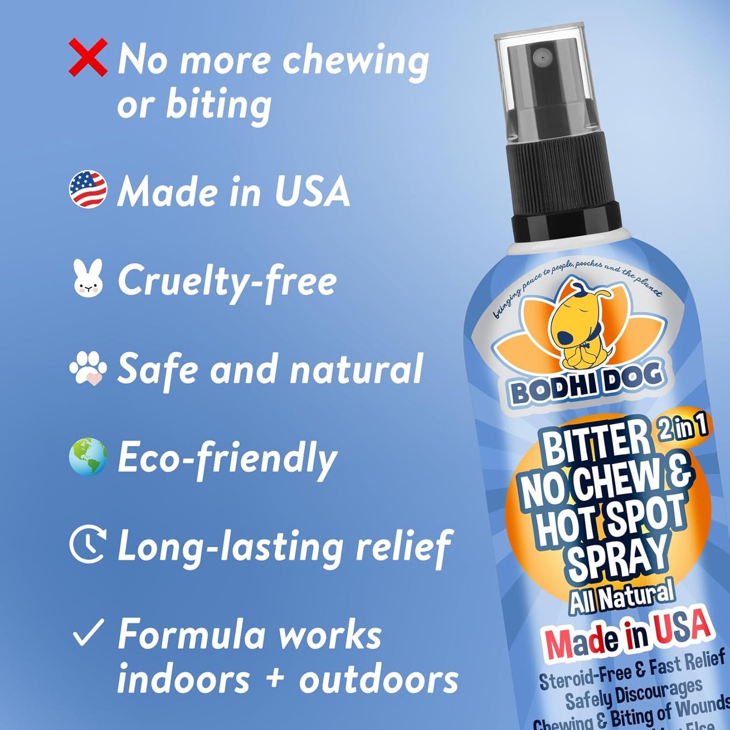 Bodhi Dog Bitter 2-in-1 No Chew & Hot Spot Spray - Natural Anti-Chew Remedy Better Than Bitter Apple - Soothes Hot Spots, Deters Chewing - Safe for Skin, Wounds & Furniture- Made in USA (8 Fl Oz)