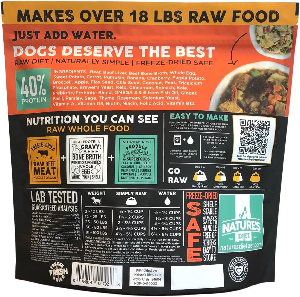 Nature's Diet Simply Raw Freeze-Dried Whole Food Meal - Makes 18 Lbs Fresh Food with Muscle, Organ, Bone Broth, Whole Egg, Superfoods, Fish Oil Omega 3, 6, 9, Probiotics & Prebiotics (Beef)