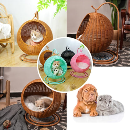 Cat Swing Bed with Cushion Indoor Outdoor Wicker Hanging Cat Bed for Dogs, and Small Animals pet Egg Chair for Living Rooms, Bedrooms, Patios, or Gardens(Brown)