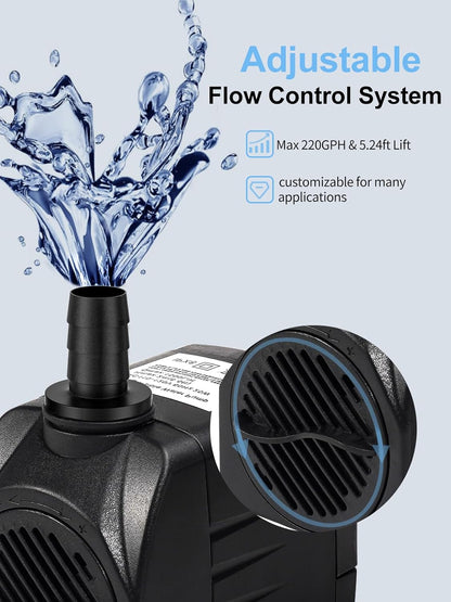 Fountain Pump, 220GPH Submersible Water Pump Outdoor, Ultra Quiet Water Fountain Pump for Pond Waterfall, Fish Tank, Aquarium, Hydroponics