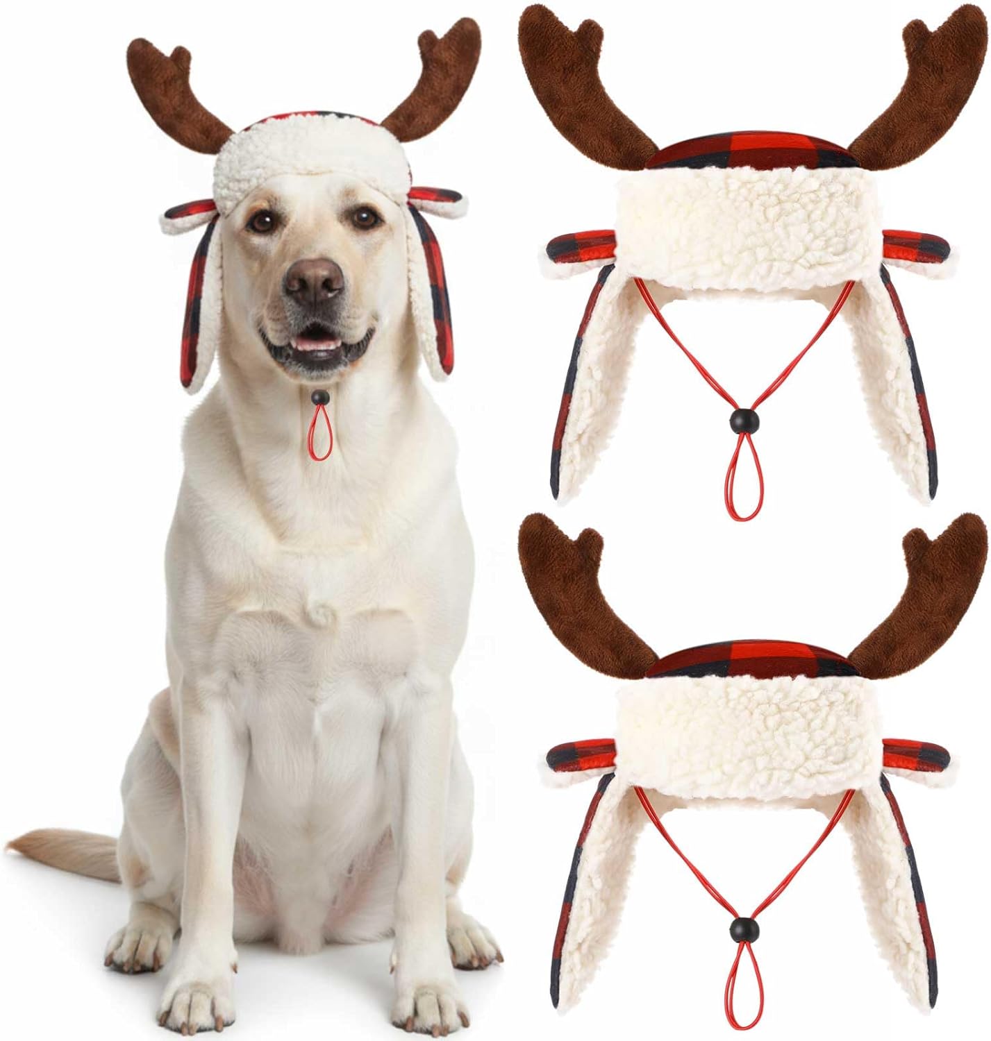 2 Pcs Christmas Antler Check Dog Santa Hat Adjustable Pet Red Plaid Pet Cap Xmas Antler Dog Hats for Small Medium Large Dogs(L)