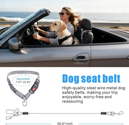 Idepet Dog Seat Belt for Car, 2 Pcs Stainless Steel Chew Proof Dog Seatbelt, 3 in 1 Dog Harness for Car Safety Seat Belt, Heavy Duty Pet Car Seat Belt for Medium & Large Dogs (Grey+Grey)