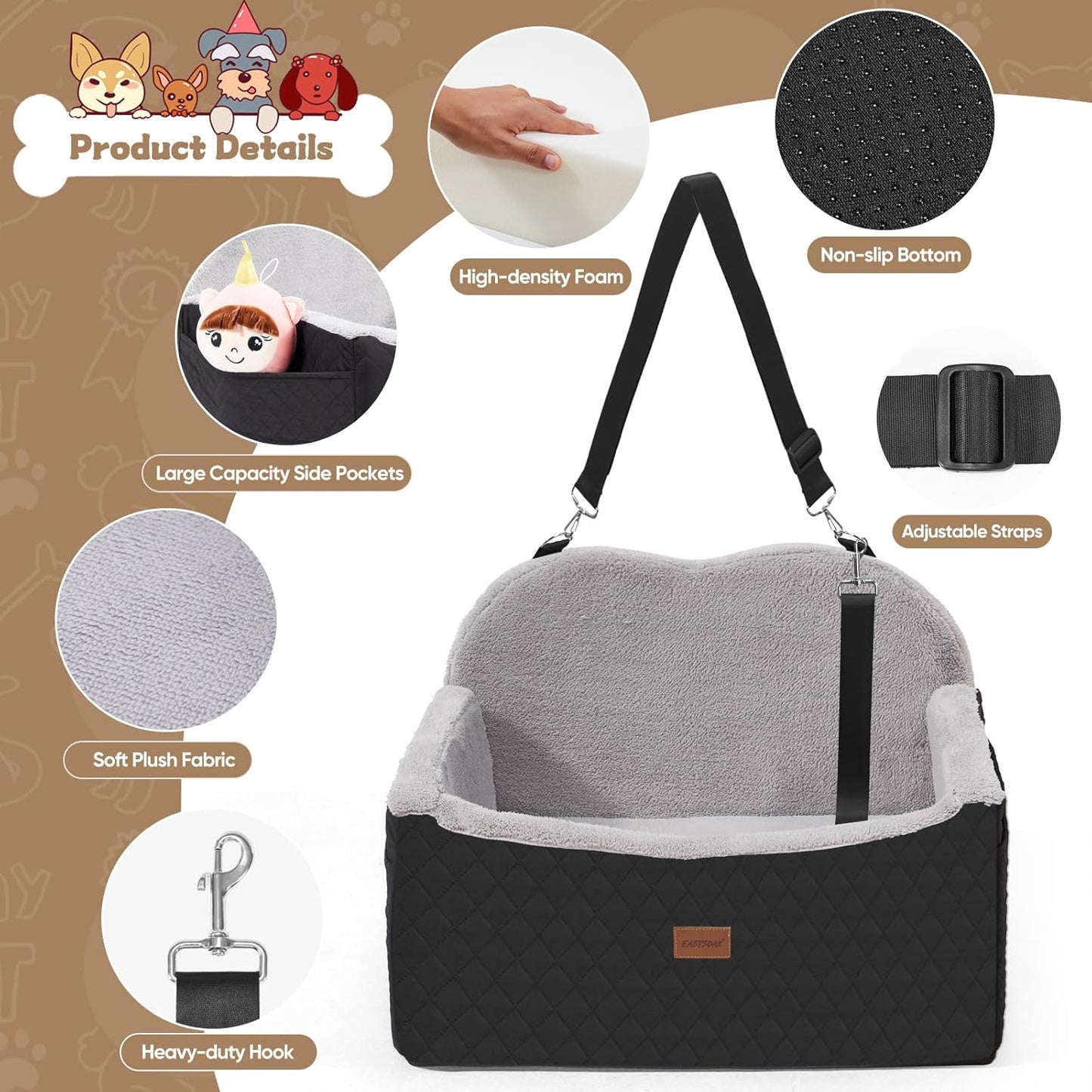 Dog Car Seats for Small Dogs, Detachable Dog Booster Car Seat with Storage Pockets Safety Belt, Pet Booster Cushion for Medium Dogs, Foldable Pet Sofa Cushion & Travel Bed