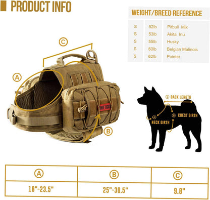 OneTigris Dog Backpack for Medium & Large Dogs, Nylon Backpack for Dogs Tactical Pet Backpack with Side Pockets for Hiking Walking Training Running (Brown, Large)