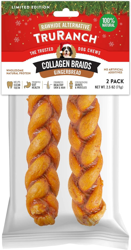 TRURANCH Gingerbread Collagen Braids - 1 Bag, 2 Count, Limited Edition Holiday Stocking Stuffer, Rawhide Free, 50% Protein, Healthy Limited Ingredients Dog Chew, for Small, Medium and Large Dogs