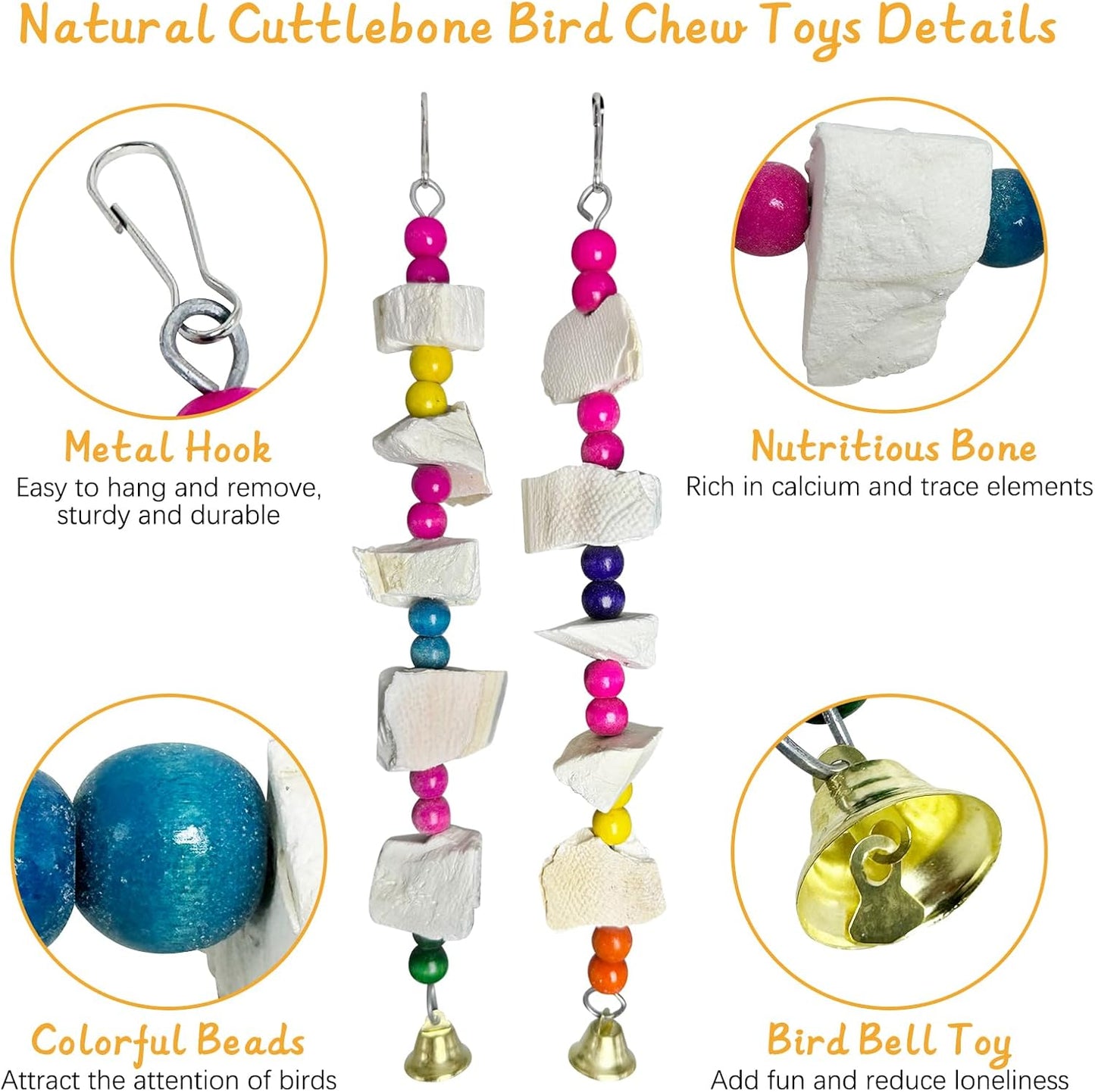 Hamiledyi 2 Pack Bird Toys with Five Cuttlebone - Natural Calcium Chew Toy for Beak Grinding, Hanging Wooden Cage Accessories for Parakeets, Budgies, Cockatiels, Lovebirds(Style C)