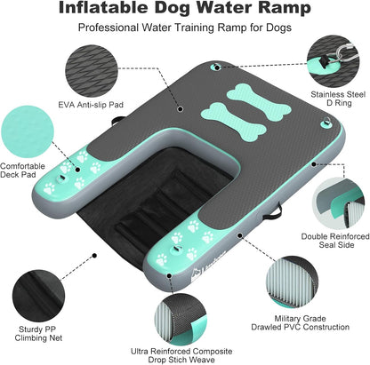 Inflatable Dog Boat Ramp for Dogs Up to 240 lbs, Inflatable Dock Floating Platform with Anti-Slip EVA Foam Safe & Easy Water Access, Dog Ramp for Boat, Pools, Lakes, Boats, Docks, Green
