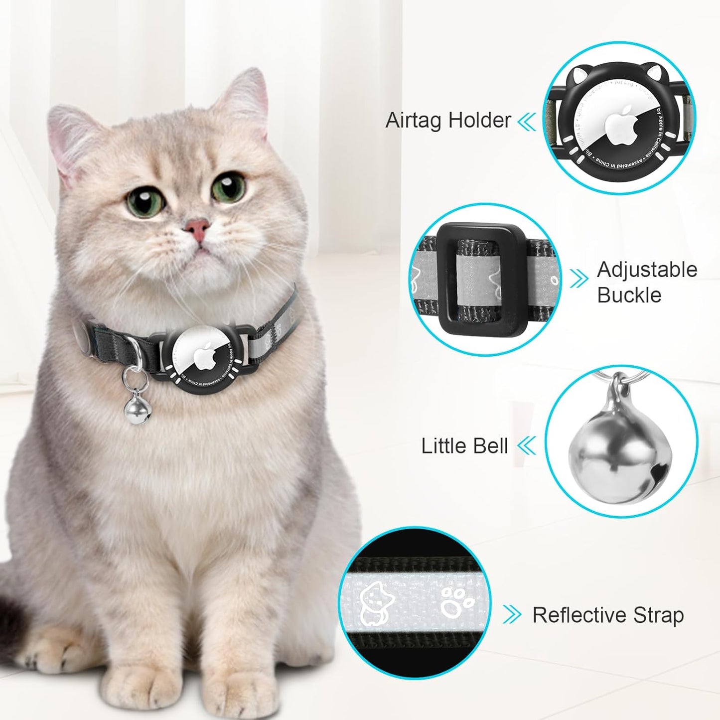Airtag Cat Collar, Reflective Cat Collar with Apple Air Tag Holder, Breakaway GPS Tracker Pet Collar with Bell for Cat Kitten, Airtag Not Included, Black, S(9-11 Inch)