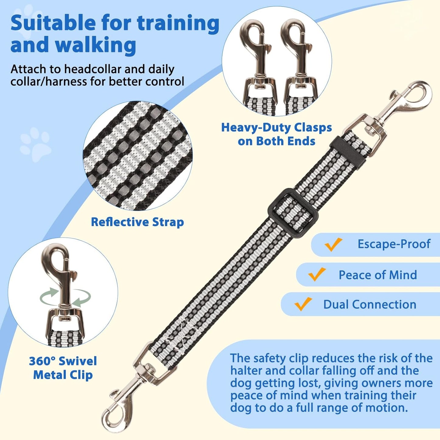 BARKLESS No Pull Dog Head Collar for Gentle Training Walking, Soft Padded Head Halter with Collar Safety Clip, Comfortable Fit Muzzle Leash with Reflective Strap for Medium Large Dog (Grey, XL)