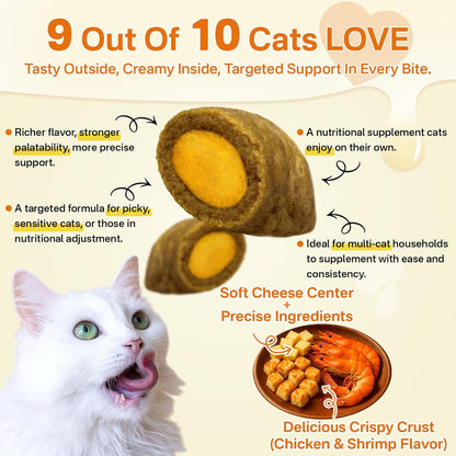 Cat Skin & Coat + Multivitamin - 500 Chews Crunchy & Creamy Cheese Core with Omega-3, Vitamins C & E, Biotin for Healthy Coat - Immune,Eye, Brain, and Bone Support for All Cats