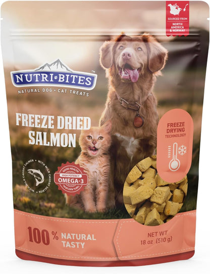Nutri Bites Freeze Dried Salmon Dog & Cat Treats, 18oz | Healthy Pet Training Treats or Food Topper | All Natural, 1 Single Animal Protein, High Protein | Premium Bulk Value Pack, 510g
