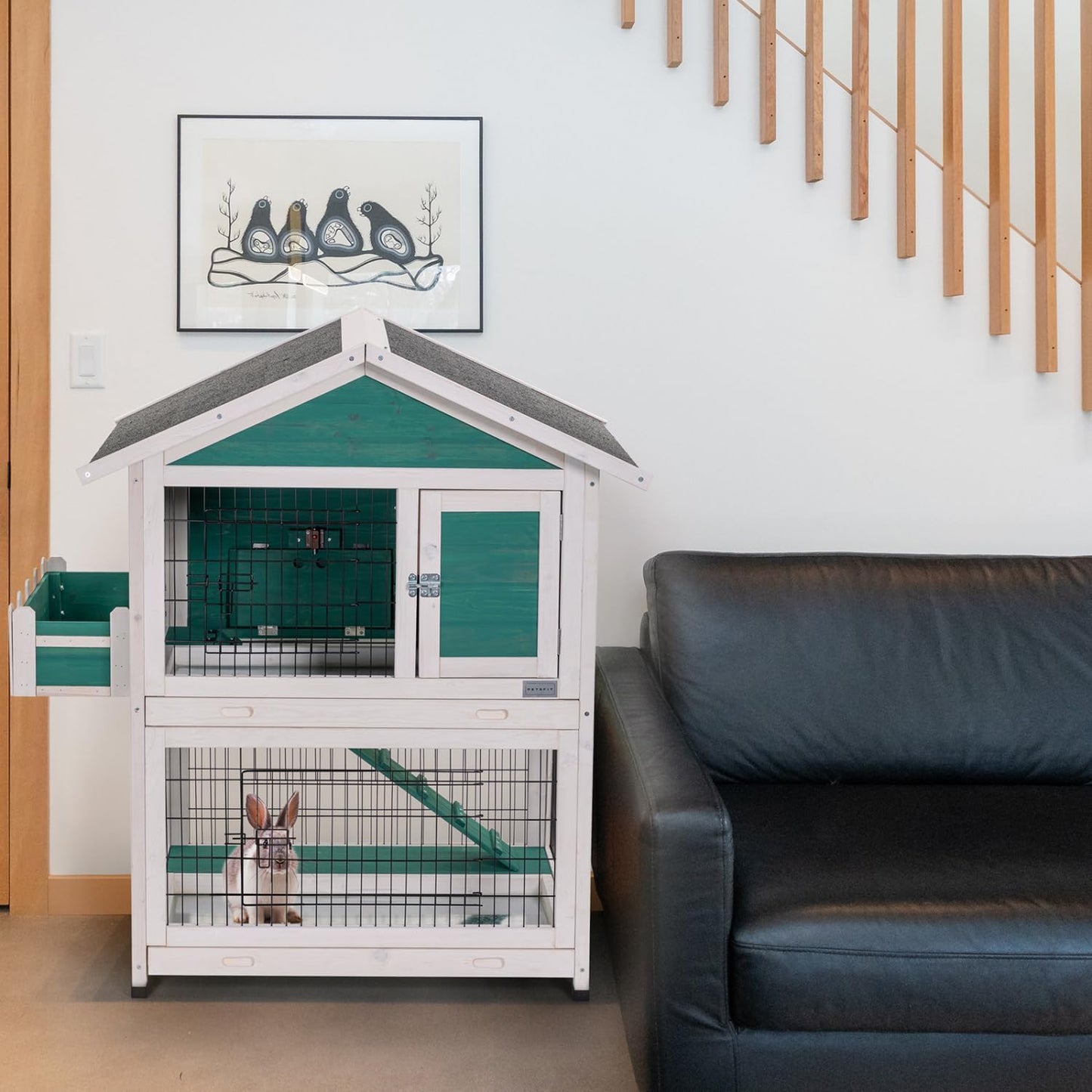 2-Story Wooden Rabbit Hutch Outdoor Indoor Bunny Cage Pull Out Tray, Roof Green Solid Wood 2-Story Durable Outdoor Indoor Easy to Clean