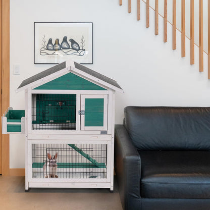 2-Story Wooden Rabbit Hutch Outdoor Indoor Bunny Cage Pull Out Tray, Roof Green Solid Wood 2-Story Durable Outdoor Indoor Easy to Clean