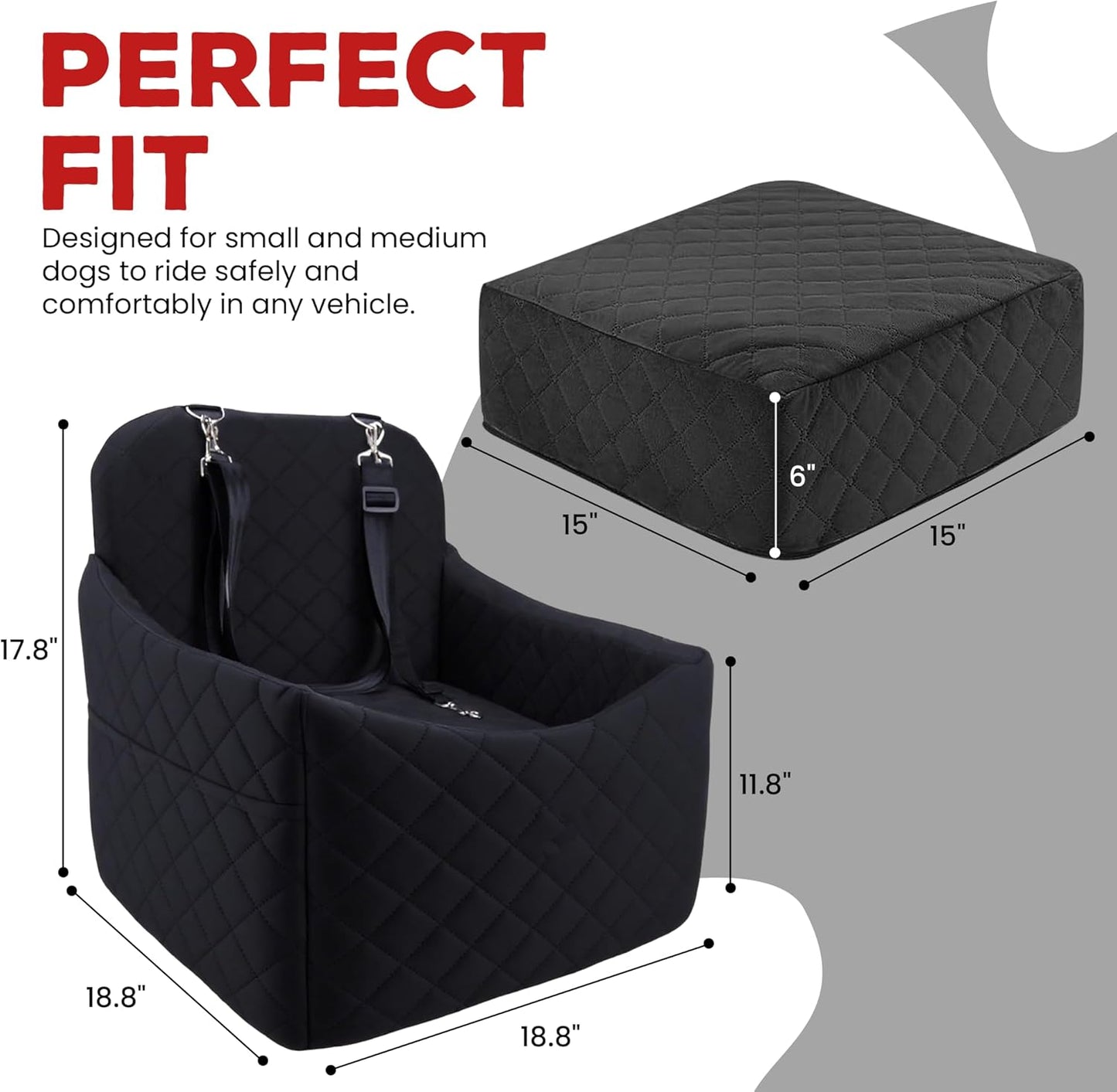 Elevated Dog Car Seat for Small/Medium Dogs up to 35 lbs, Memory Foam Pet Booster Seat with Detachable Washable Cover, Portable Travel-Safe Bed for Cars with Safety Belts and Storage Pockets