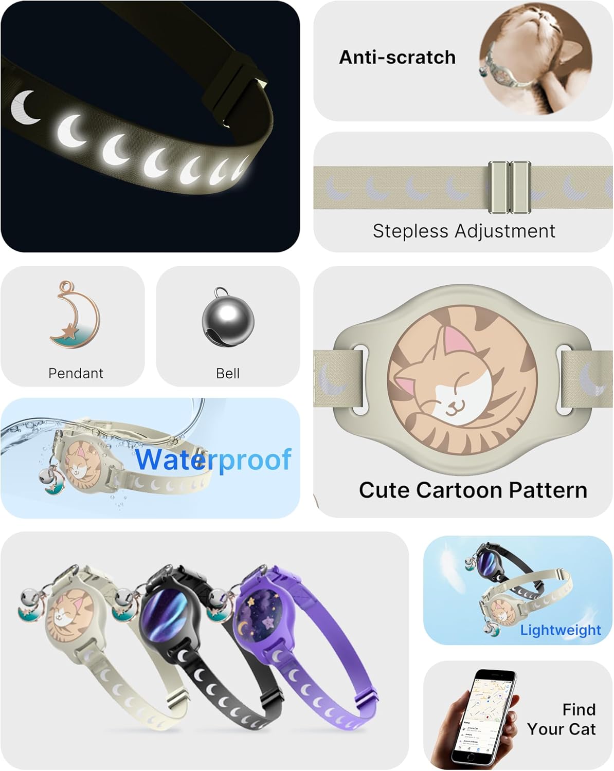 Cat Collar with Airtag Holder, Breakaway Airtag Cat Collar for Apple Air Tag with Luminous & Reflective Pattern, Waterproof GPS Cat Tracker Collars for Boy Girl Cats Kittens with Bell, Khaki (8-12")