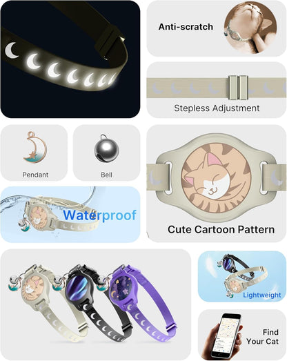 Cat Collar with Airtag Holder, Breakaway Airtag Cat Collar for Apple Air Tag with Luminous & Reflective Pattern, Waterproof GPS Cat Tracker Collars for Boy Girl Cats Kittens with Bell, Khaki (8-12")