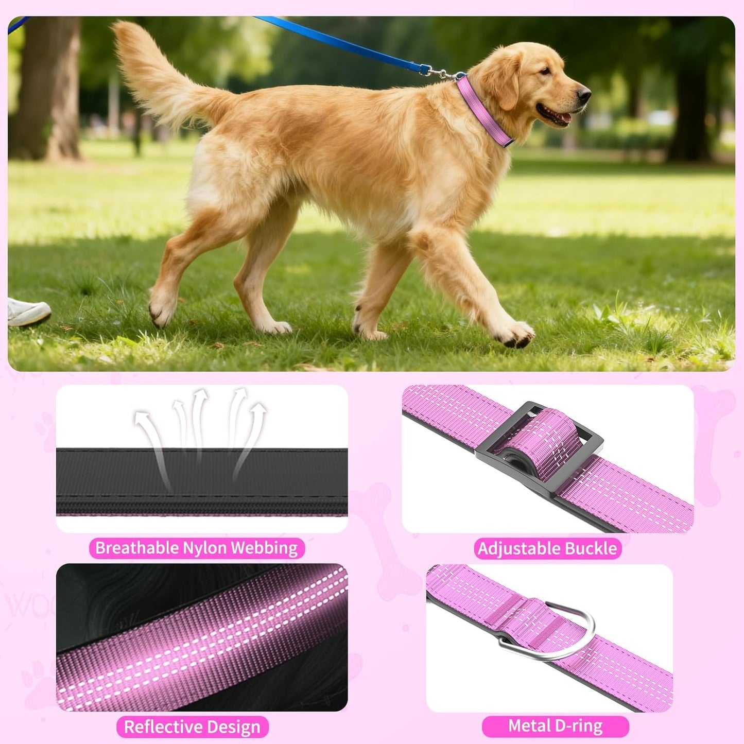 Thickened Padded Durable Dog Collar, Adjustable, Ultra-Durable, Suitable for Medium, and Large Breed Pet Collars (Pink, L)