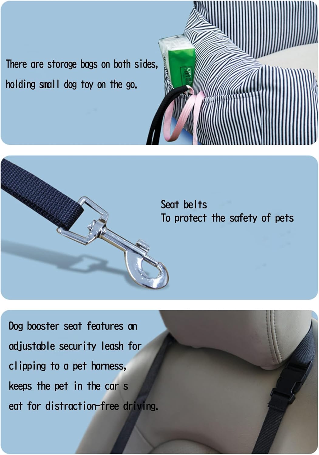 Dog Car Seat, Puppy Dog Booster Seats Fully Detachable and Washable,Bed for Car with Storage Pockets and Clip-On Safety Leash